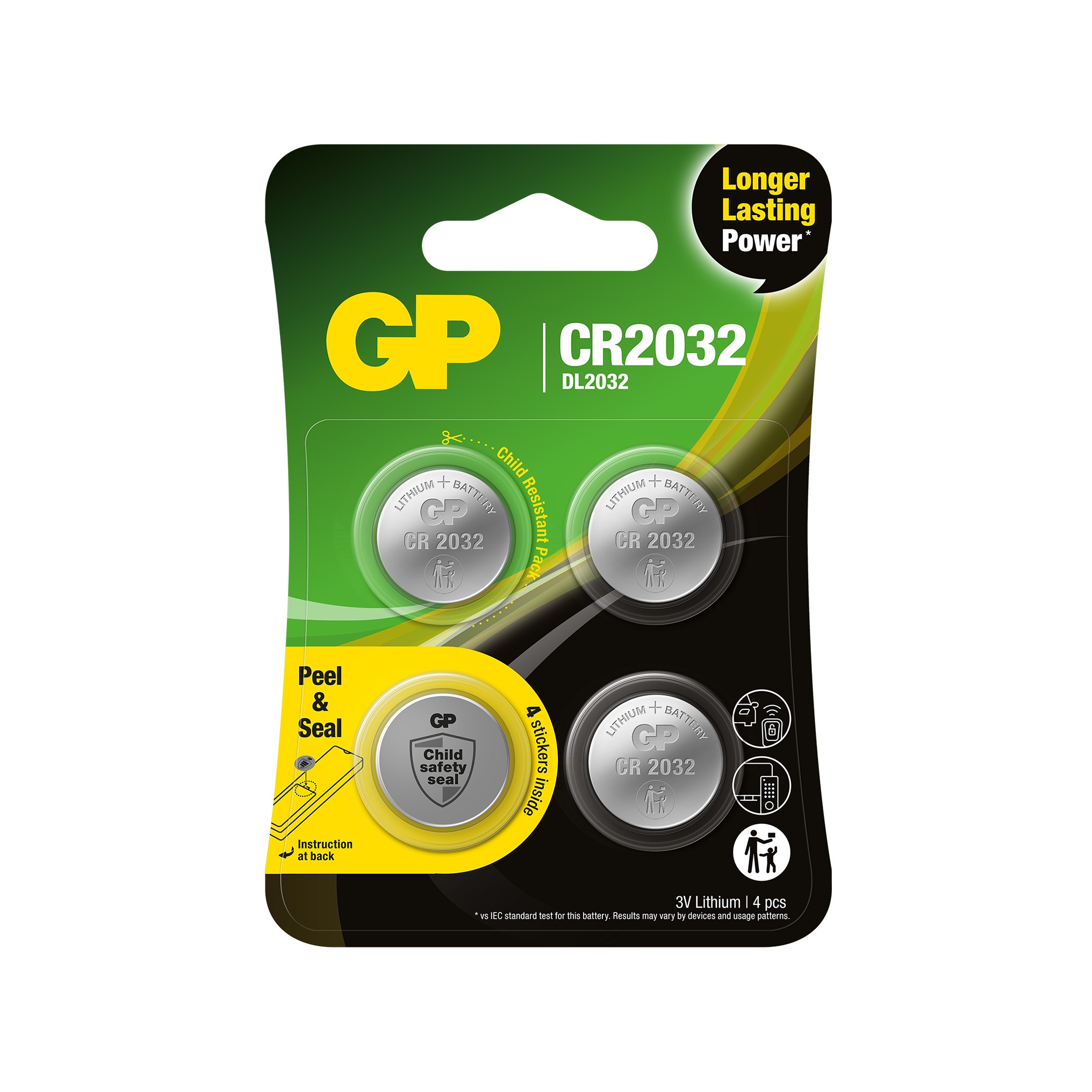 GP button cell, Lithium, CR2032, Safety seal, 4-pack