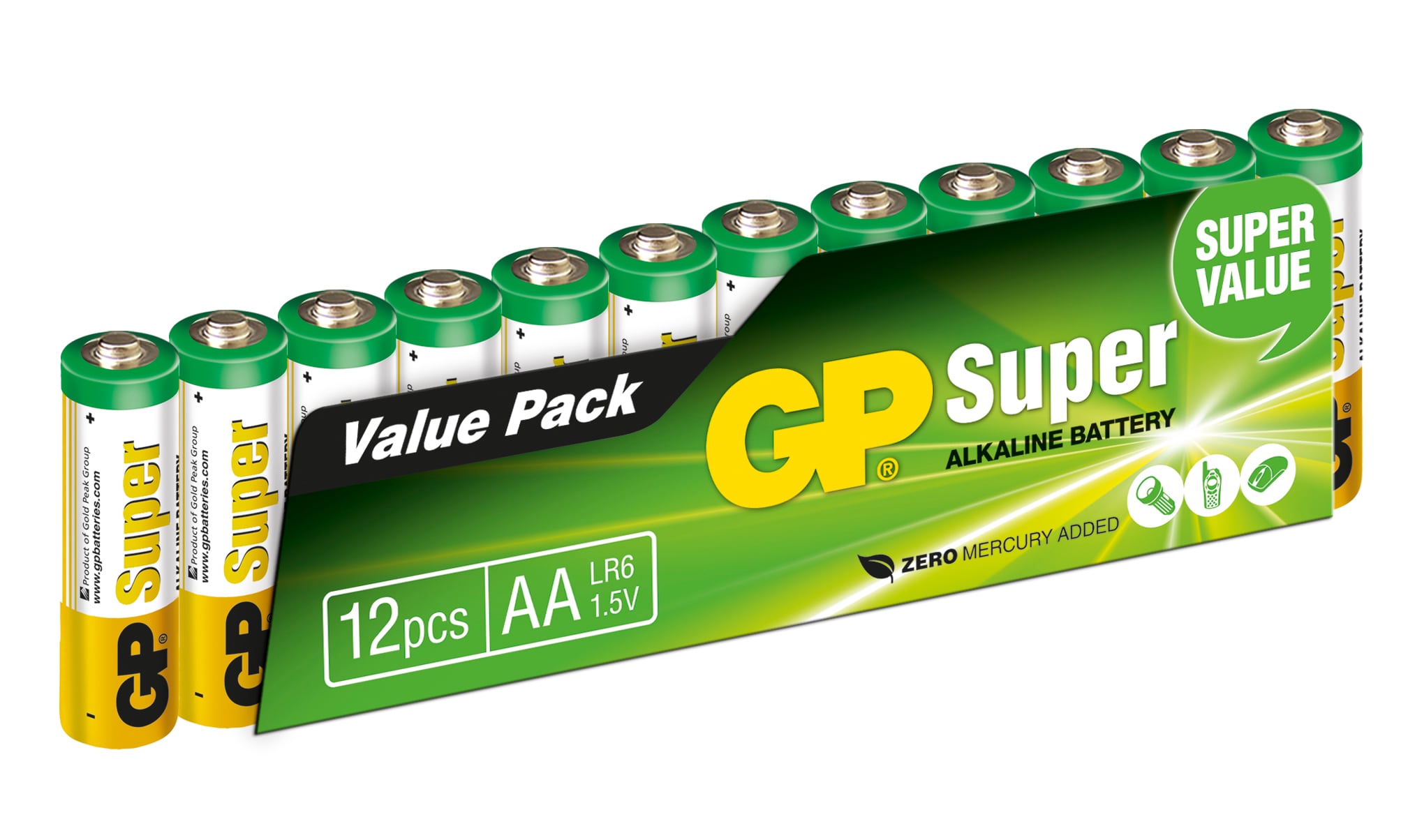 GP Super Alkaline AA-batteries, 15A/LR6, 12-pac