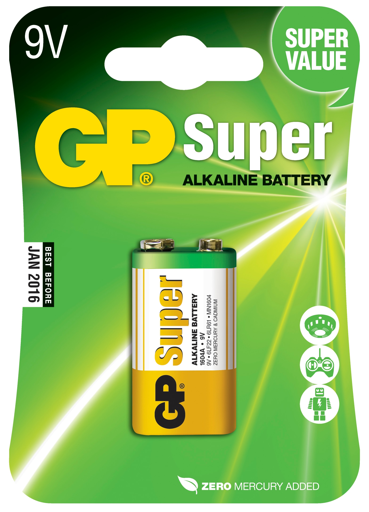 GP Super Alkaline 9V-battery, 1604A/6LF22, 1-pac