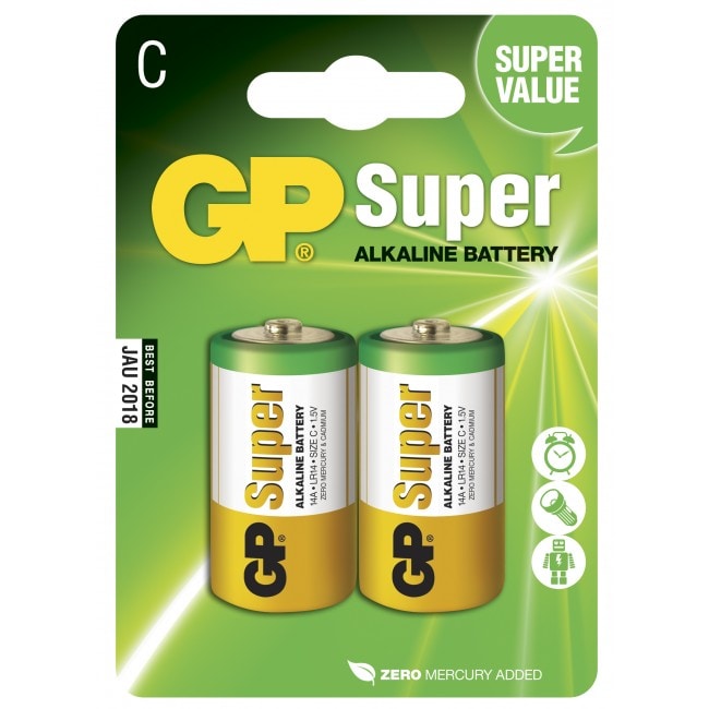 GP Super Alkaline C-battery, 14A/LR14, 2-pac