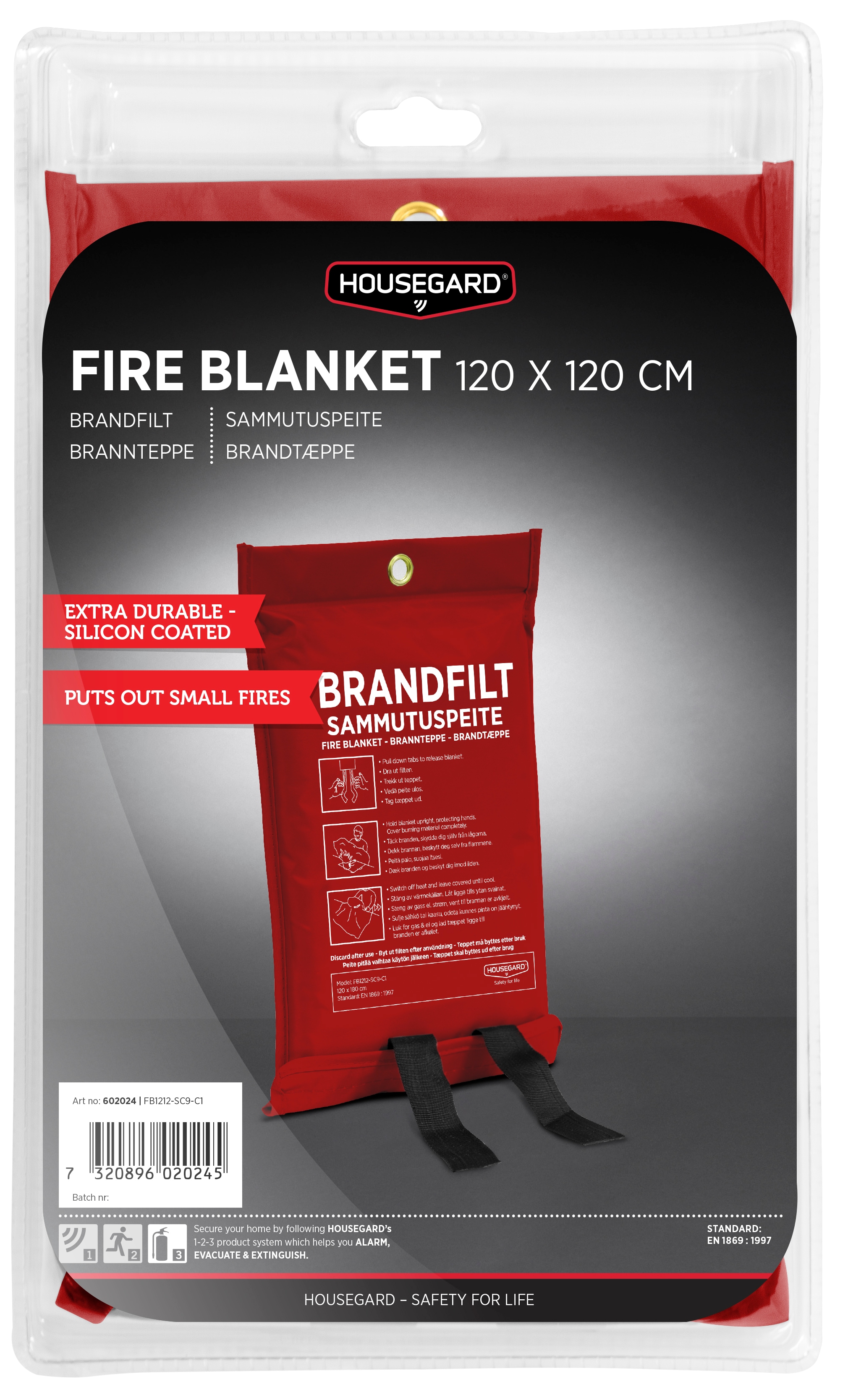Housegard fireblanket, 120x120 cm, red